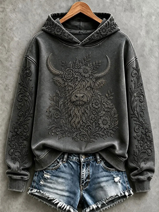 Women's Highland Cow Art Print Casual Hoodie
