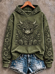 Women's Highland Cow Art Print Casual Hoodie