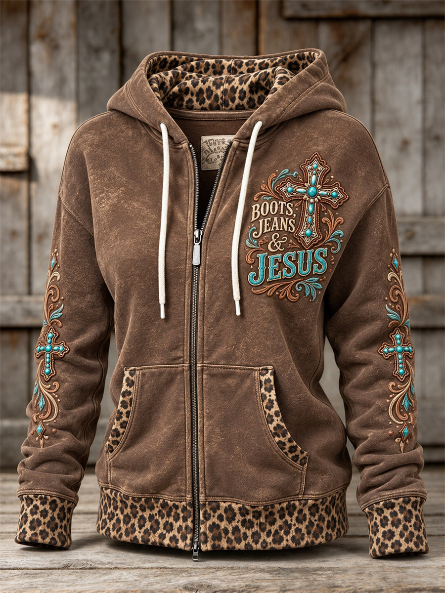 Women's Vintage Western Boots Jeans Jesus Turquoise Cross Leopard Print Full Zip Hoodie