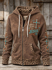 Women's Vintage Western Boots Jeans Jesus Turquoise Cross Leopard Print Full Zip Hoodie
