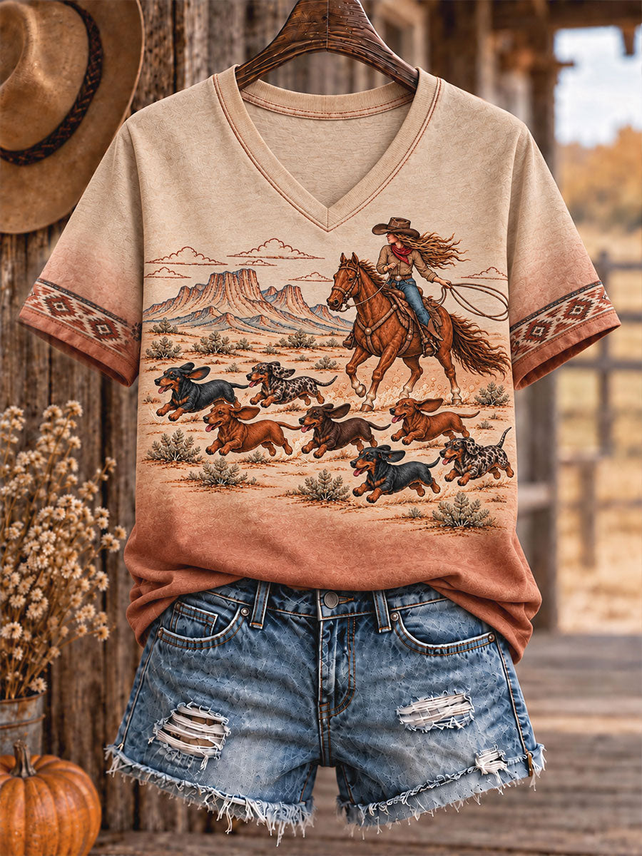 Women's Retro Westren Style Dogs Lover Art Printed T-shirt