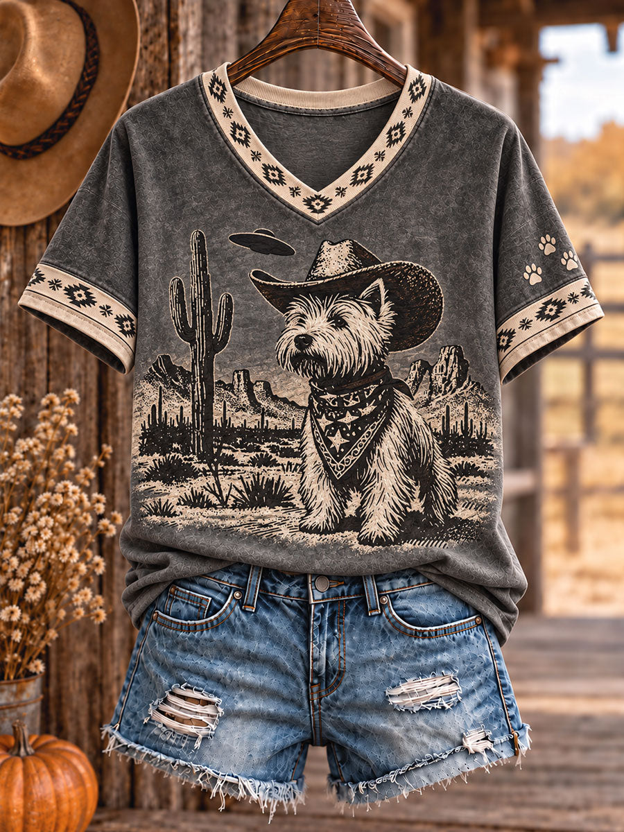 Women's Retro Westren Style Dogs Lover Art Printed T-shirt