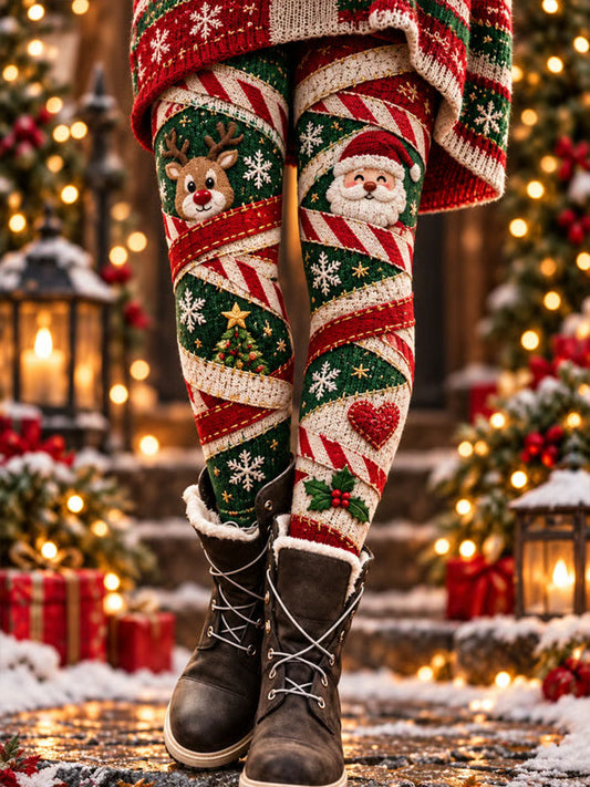 Women's Christmas Santa Reindeer Snowflake Print Velvet Leggings