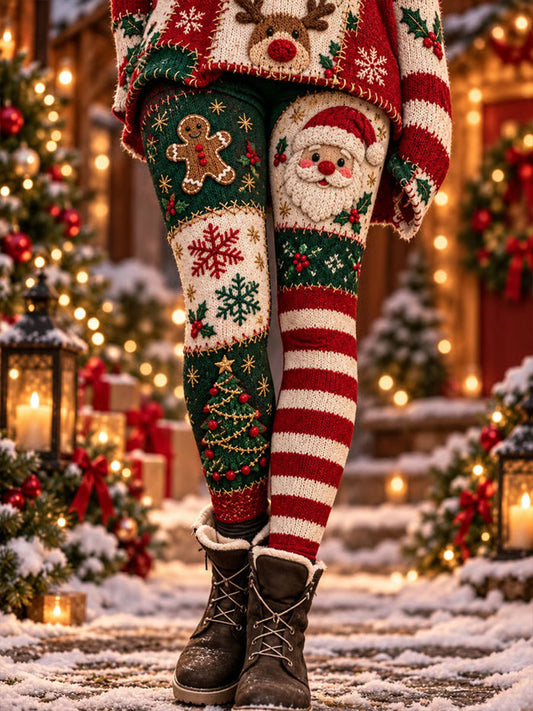 Women's Christmas Santa Gingerbread Man Snowflake Print Velvet Leggings