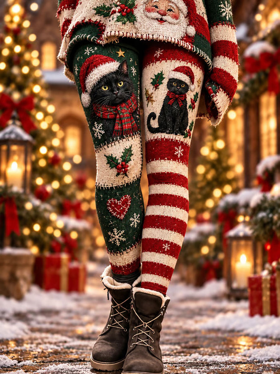 Women's Christmas Black Cat Snowflake Print Velvet Leggings