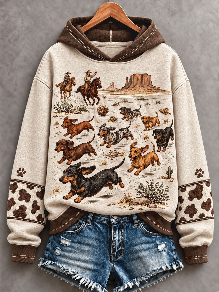 Women's Retro Western Style Dogs Lover Art Printed Hoodie