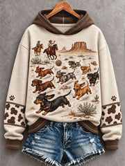 Women's Retro Western Style Dogs Lover Art Printed Hoodie
