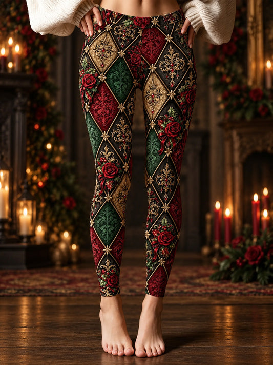 Women's Vintage Gothic Romantic Christmas Diamond Print Leggings