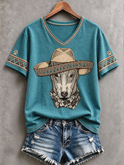 Women's Retro Western Style Dogs Lover Art Printed T-shirt