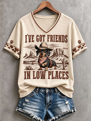 Women's Retro Western Style Dogs Lover Art Printed T-shirt