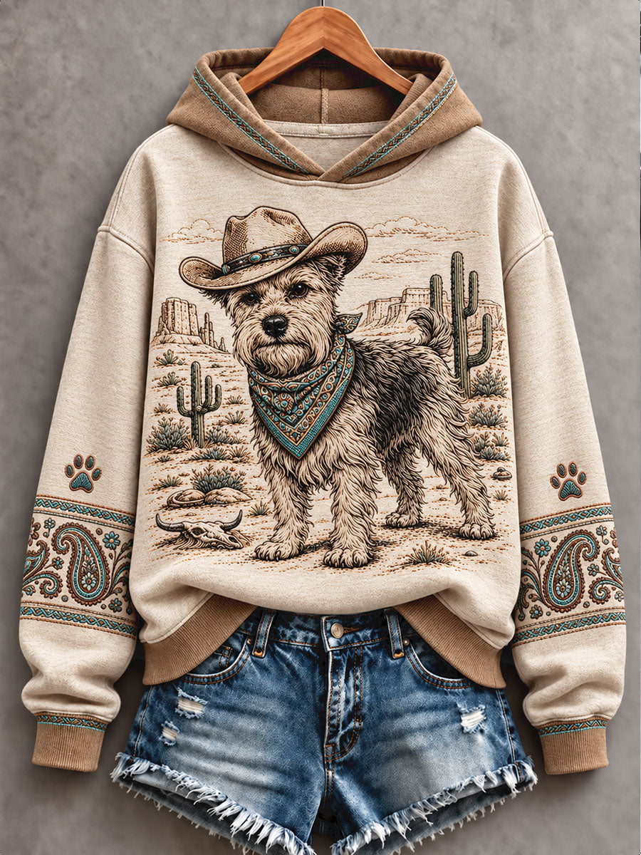 Women's Retro Western Style Dogs Lover Art Printed Hoodie