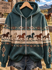 Women's Western Horse Print Zip-Up Hoodie