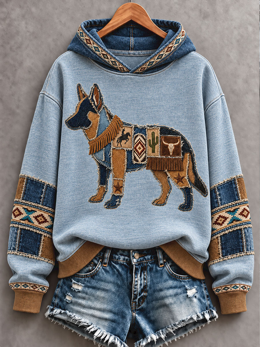 Women's Retro Western Style Dogs Lover Art Printed Hoodie