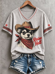 Women's Retro Western Style Dogs Lover Art Printed T-shirt