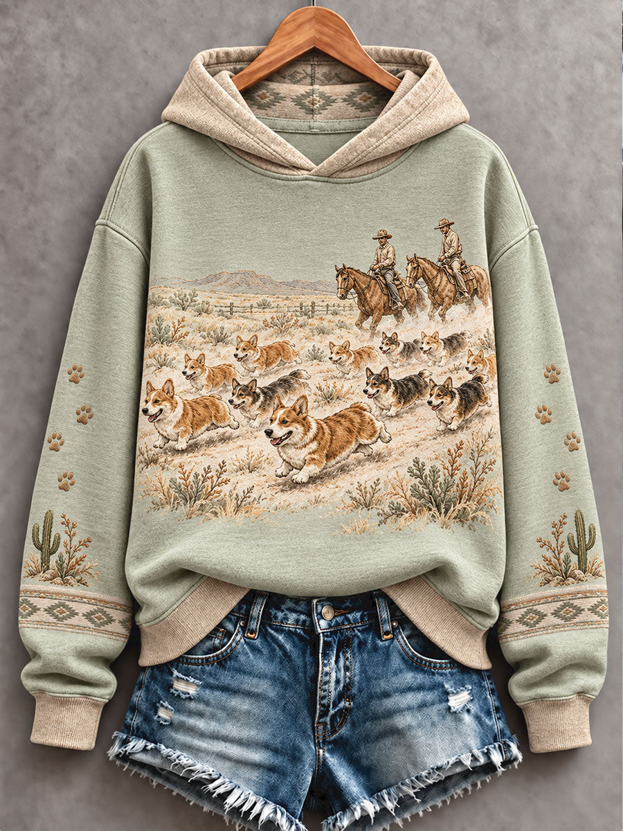 Women's Retro Western Style Dogs Lover Art Printed Hoodie