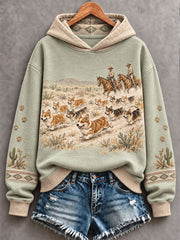 Women's Retro Western Style Dogs Lover Art Printed Hoodie