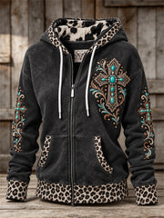 Women's Vintage Western Turquoise Cross Leopard Print Full Zip Hoodie