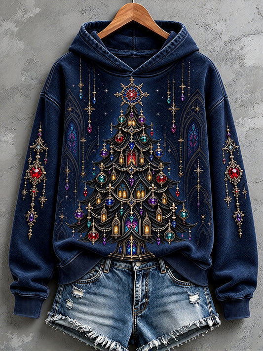 Women's Vintage Gothic Christmas Tree Print Cozy Hooded Sweatshirt
