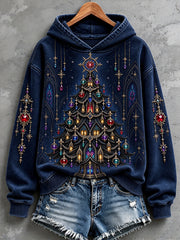 Women's Vintage Gothic Christmas Tree Print Cozy Hooded Sweatshirt