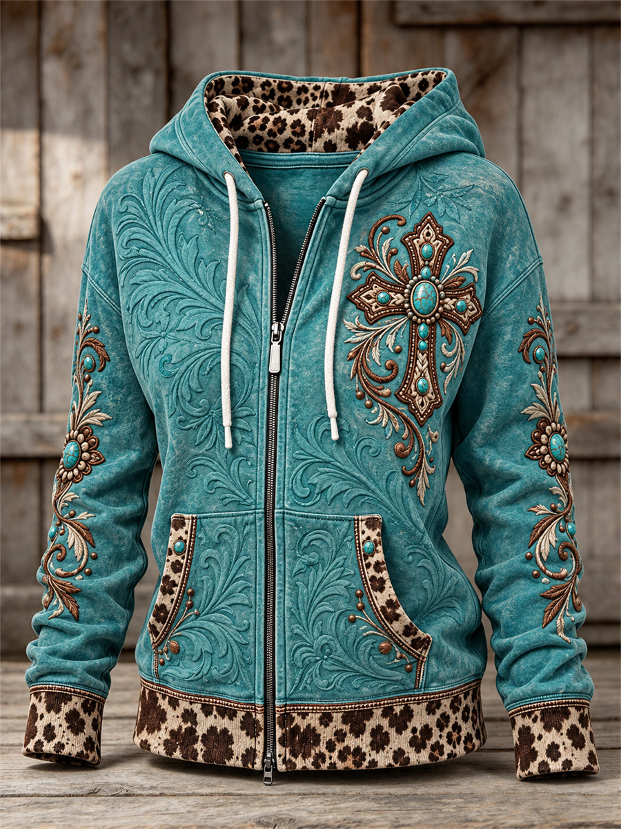 Women's Vintage Western Turquoise Cross & Embossed Art Leopard Print Full Zip Hoodie