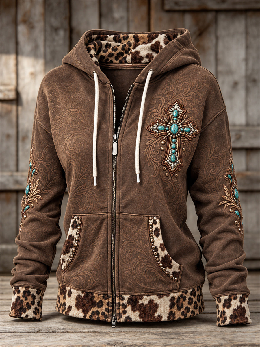 Women's Vintage Western Turquoise Cross & Embossed Art Leopard Print Full Zip Hoodie