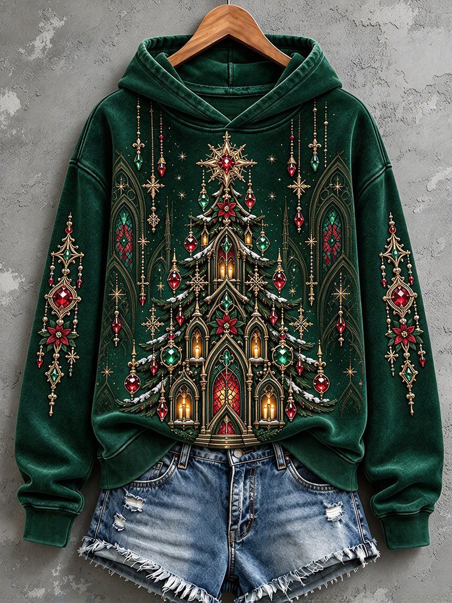 Women's Vintage Gothic Christmas Tree Print Cozy Hooded Sweatshirt