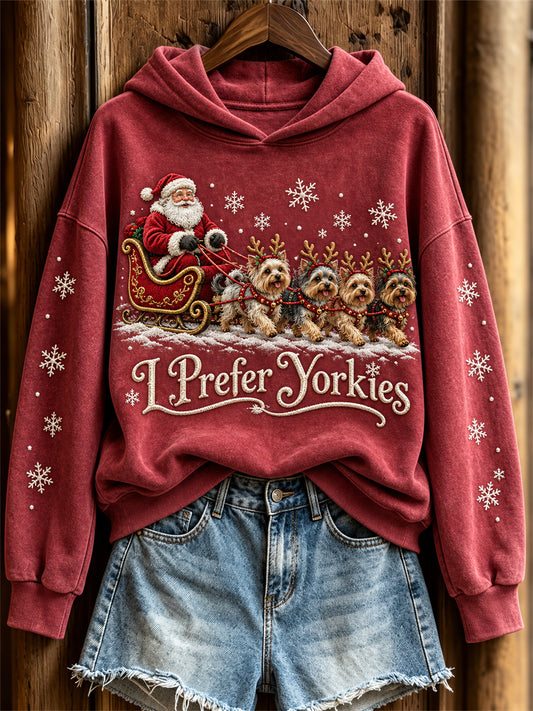 Women's Christmas I Prefer Yorkies Santa Claus & Dogs Print Hoodie