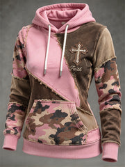 Women's Faith-Themed Color Block Patchwork Design Casual Hoodie
