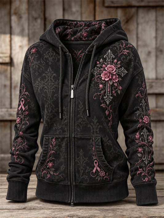 Women's Vintage Pink Ribbon Gothic Cross Roses Floral Art Print Full Zip Hoodie