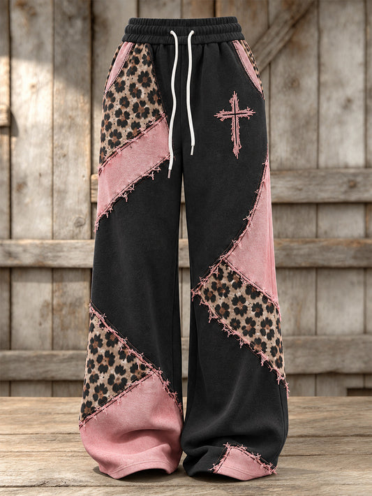 Women's Vintage Leopard And Corss Print Element Block Patchwork Design Print Casual Sweatpants