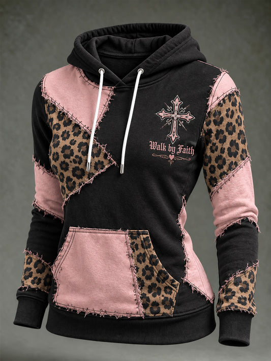 Women's Vintage Leopard And Corss Print Element Block Patchwork Design Print Casual Hoodie