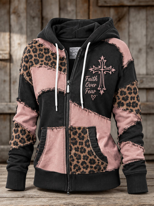Women's Vintage Leopard And Corss Print Element Block Patchwork Design Print Casual Zip-Up Hoodie