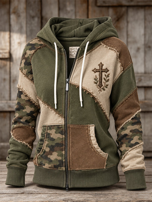 Women's Vintage Camouflage And Corss Element Block Patchwork Design Print Casual Zip-Up Hoodie