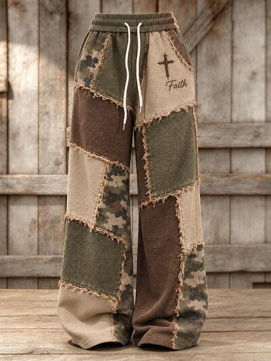 Women's Vintage Camouflage And Corss Element Block Patchwork Design Print Casual Sweatpants