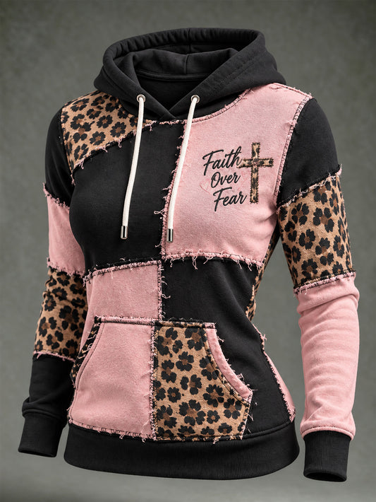 Women's Vintage Leopard And Corss Print Element Block Patchwork Design Print Casual Hoodie