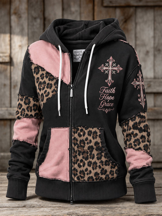 Women's Vintage Leopard And Corss Print Element Block Patchwork Design Print Casual Zip-Up Hoodie