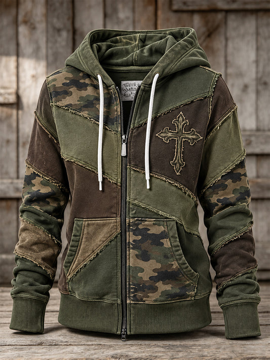 Women's Vintage Camouflage And Corss Element Block Patchwork Design Print Casual Zip-Up Hoodie