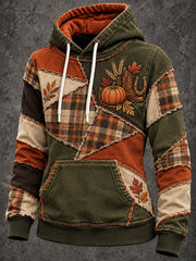 Women's Vintage Thanksgiving Plaid Patchwork Print Cozy Hoodie