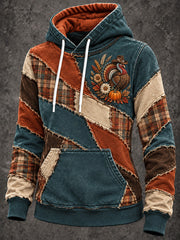 Women's Vintage Thanksgiving Plaid Patchwork Print Cozy Hoodie