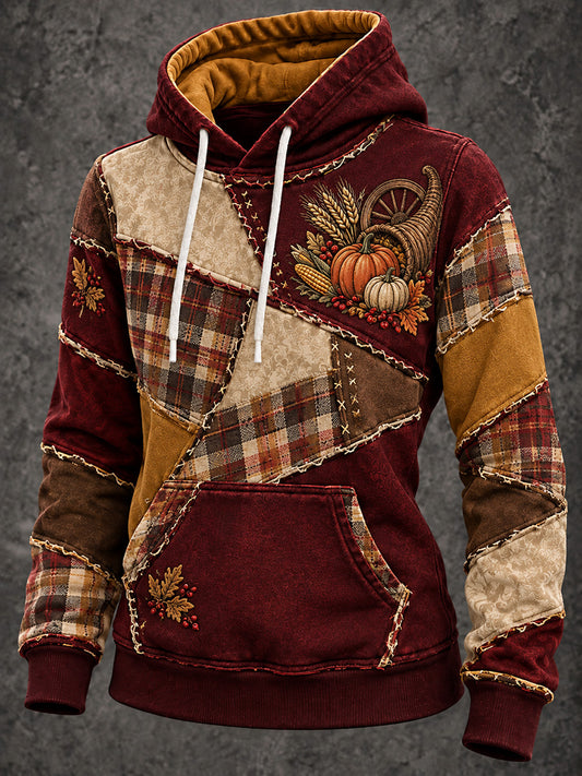 Women's Vintage Thanksgiving Plaid Patchwork Print Cozy Hoodie