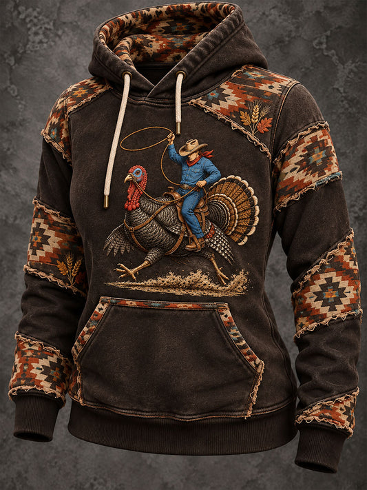 Women's Western Cowboy Turkey Print Hooded Sweatshirt With Pockets