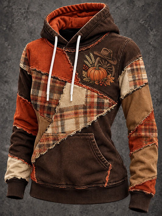 Women's Vintage Thanksgiving Plaid Patchwork Print Cozy Hoodie