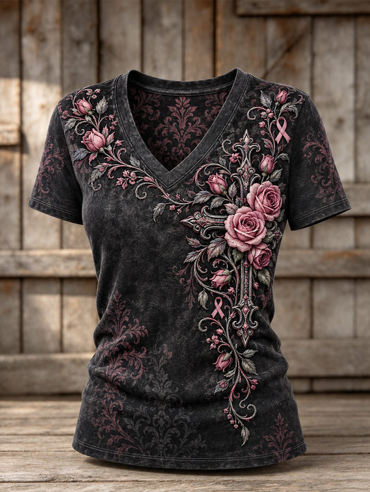 Women's Women's Corss and Pink Charity Ribbon Pattern Design Casual short-sleeved T-shirt