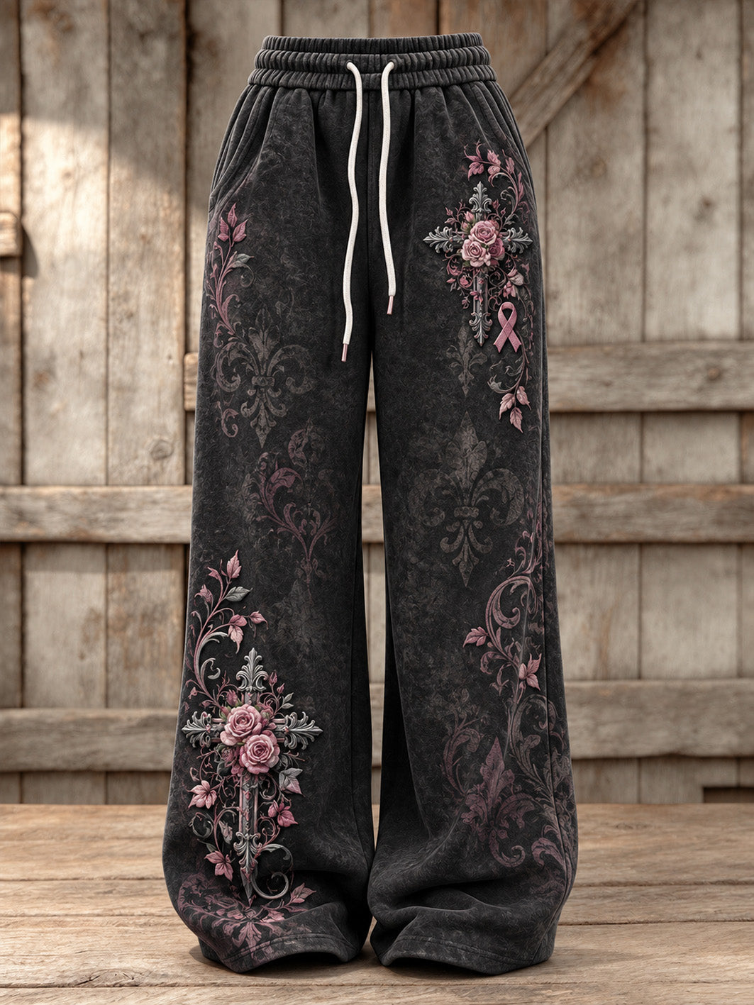 Women's Corss and Pink Charity Ribbon Pattern Design Casual Sweatpants