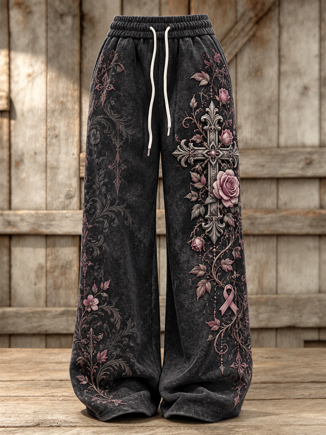 Women's Corss and Pink Charity Ribbon Pattern Design Casual Sweatpants