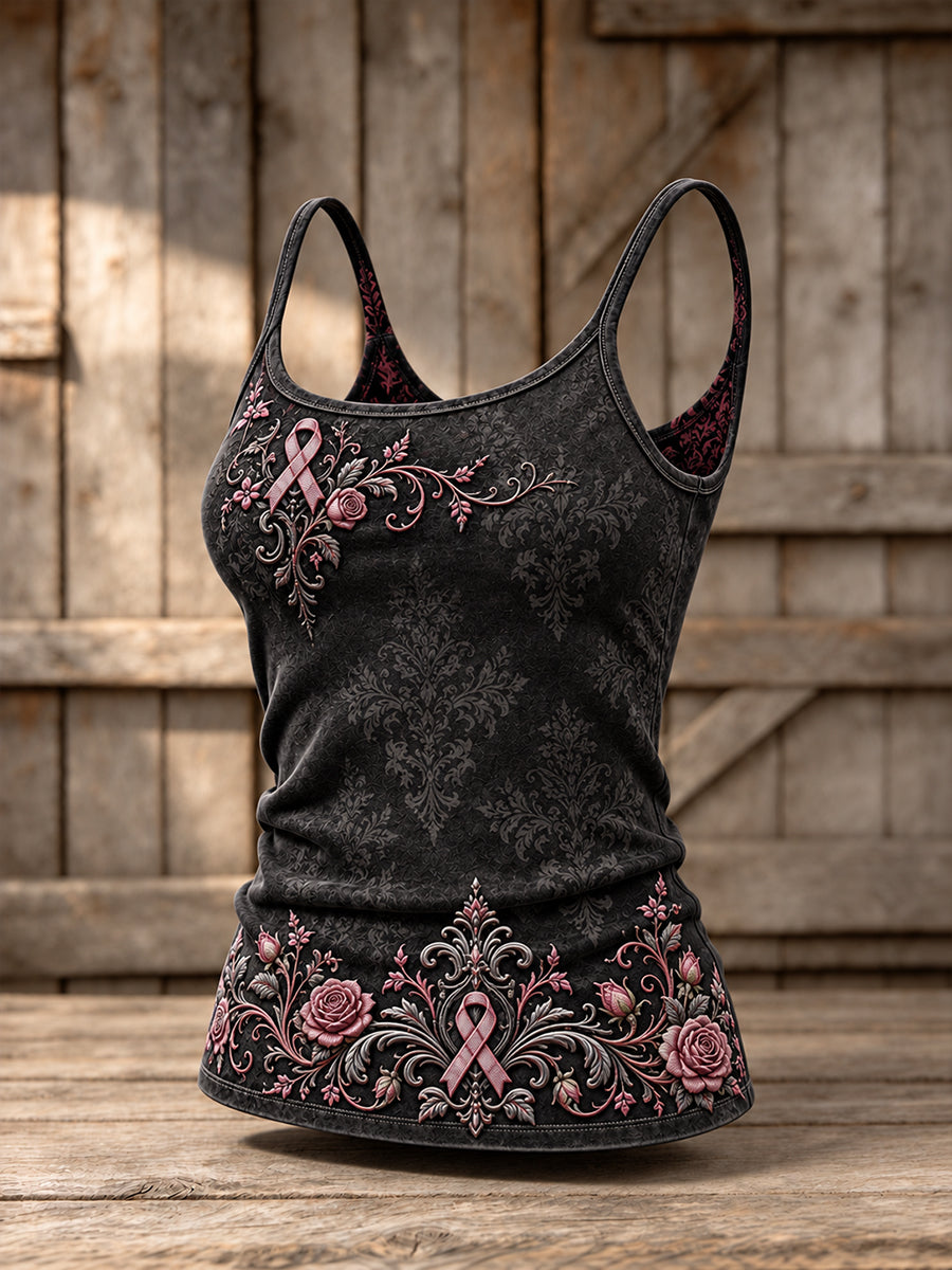 Women's Gothic Floral Pink Ribbon Print Casual Vest
