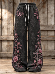 Women's Gothic Cross & Pink Ribbon Roses Floral Print Wide Leg Sweatpants