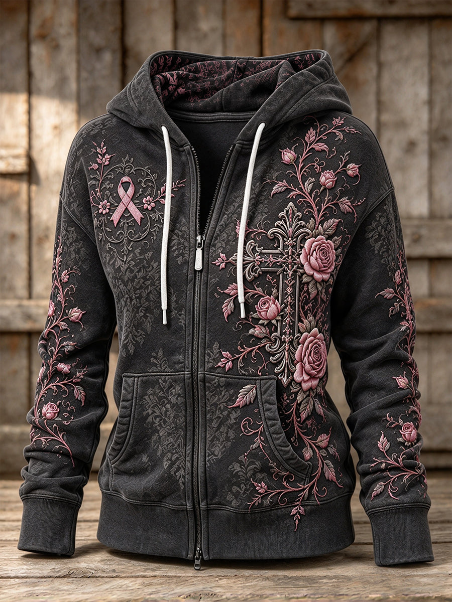 Women's Gothic Floral Pink Ribbon Print Casual Zip-Up Hoodie