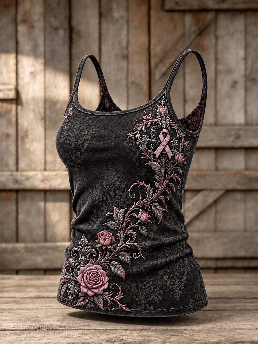 Women's Gothic Floral Pink Ribbon Print Casual Vest