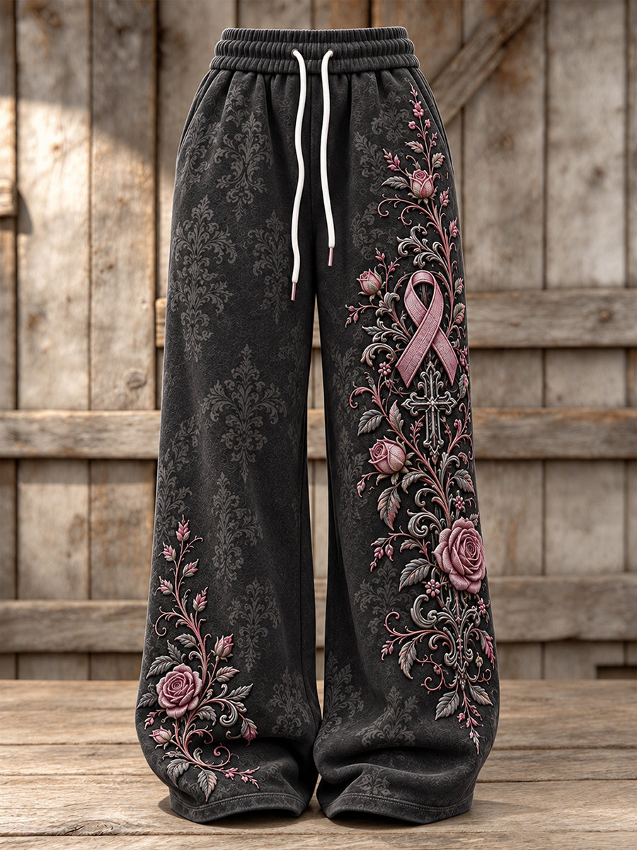 Women's Gothic Cross & Pink Ribbon Roses Floral Print Wide Leg Sweatpants